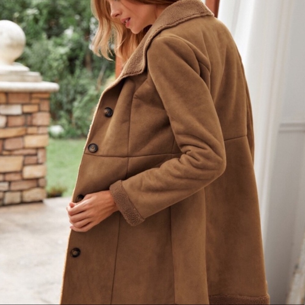 Camel shearling lined button down vegan fur trench coat jacket - Picture 4 of 9